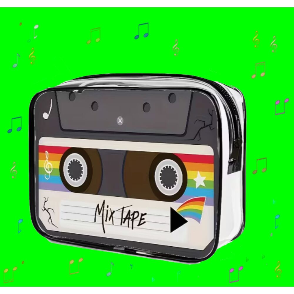 Retro Vintage Style Mixed Tape Clear Bag Makeup Travel Craft Supplies Storage